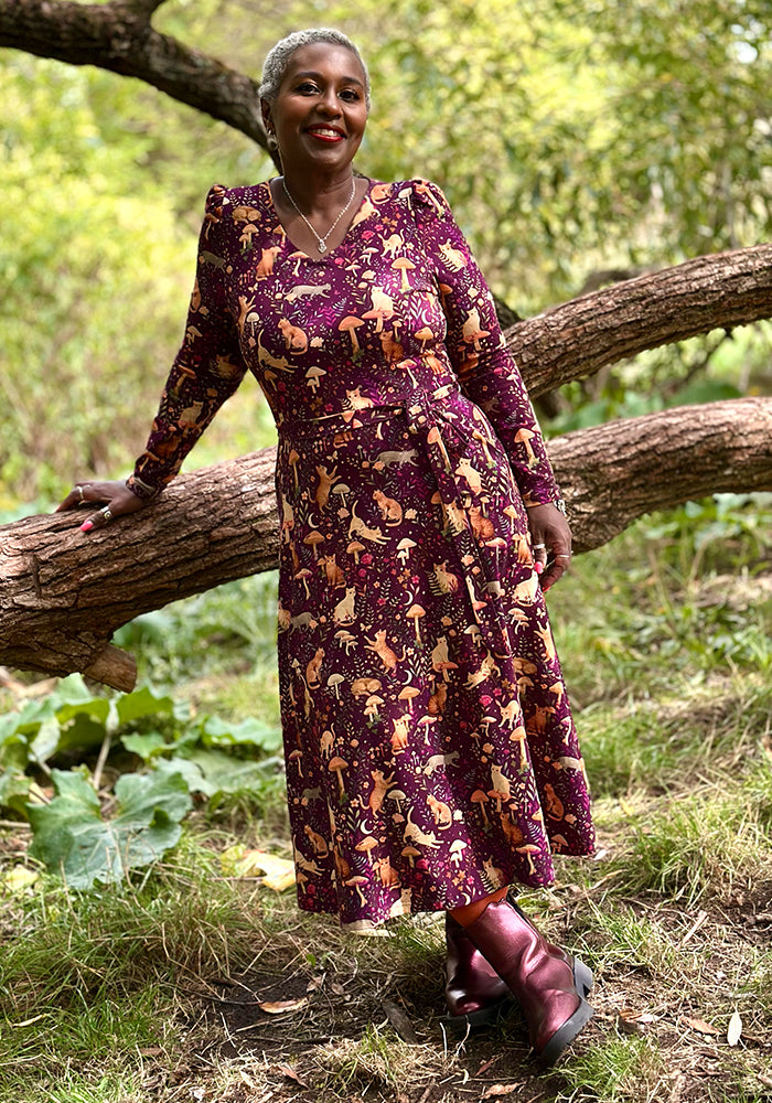 Rosaphine Plum Mystical Cat Print Cotton Midi Dress