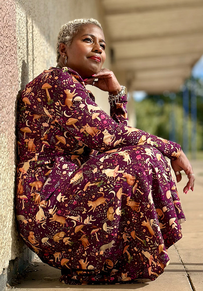 Rosaphine Plum Mystical Cat Print Cotton Midi Dress