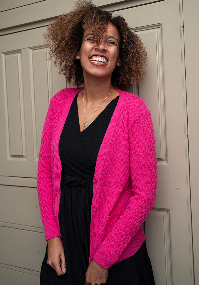 Third angle of Rose Pink Chevron Knit Cardigan
