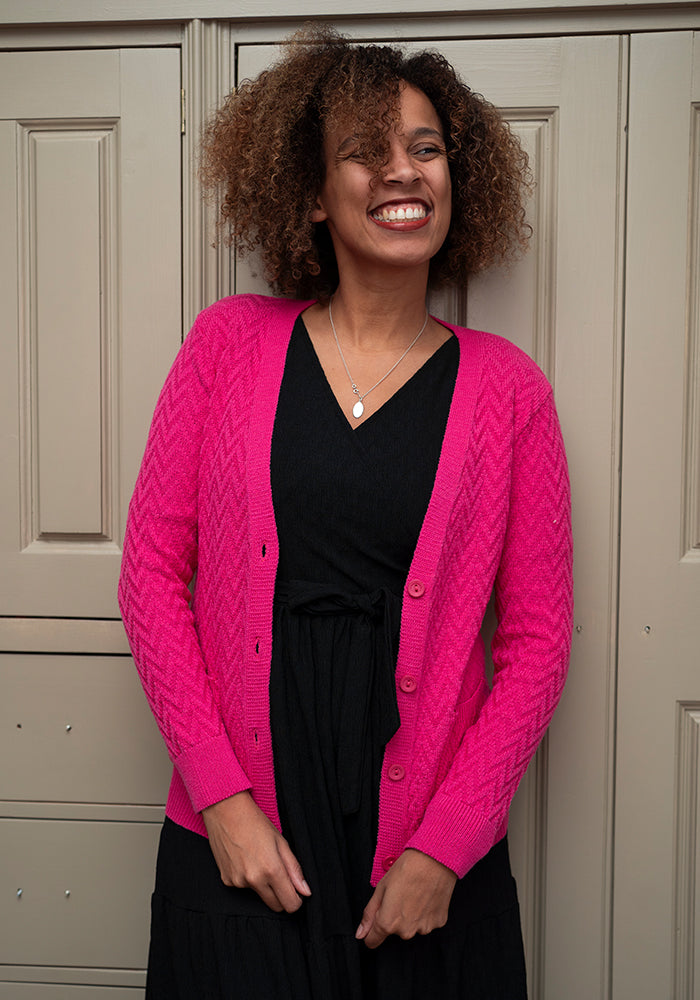 Front view of Rose Pink Chevron Knit Cardigan