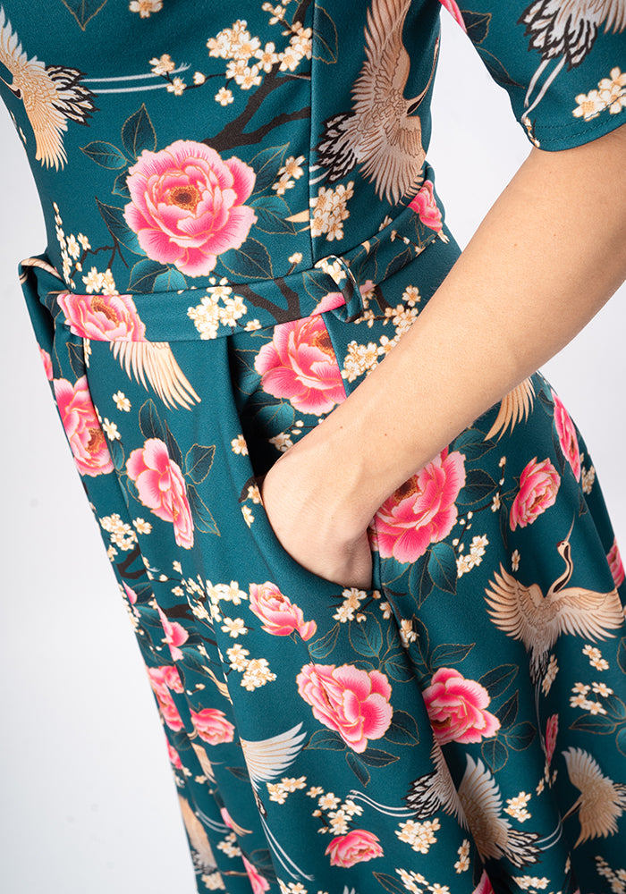 Sixth angle of Rosemarie Floral Crane Print Swing Dress