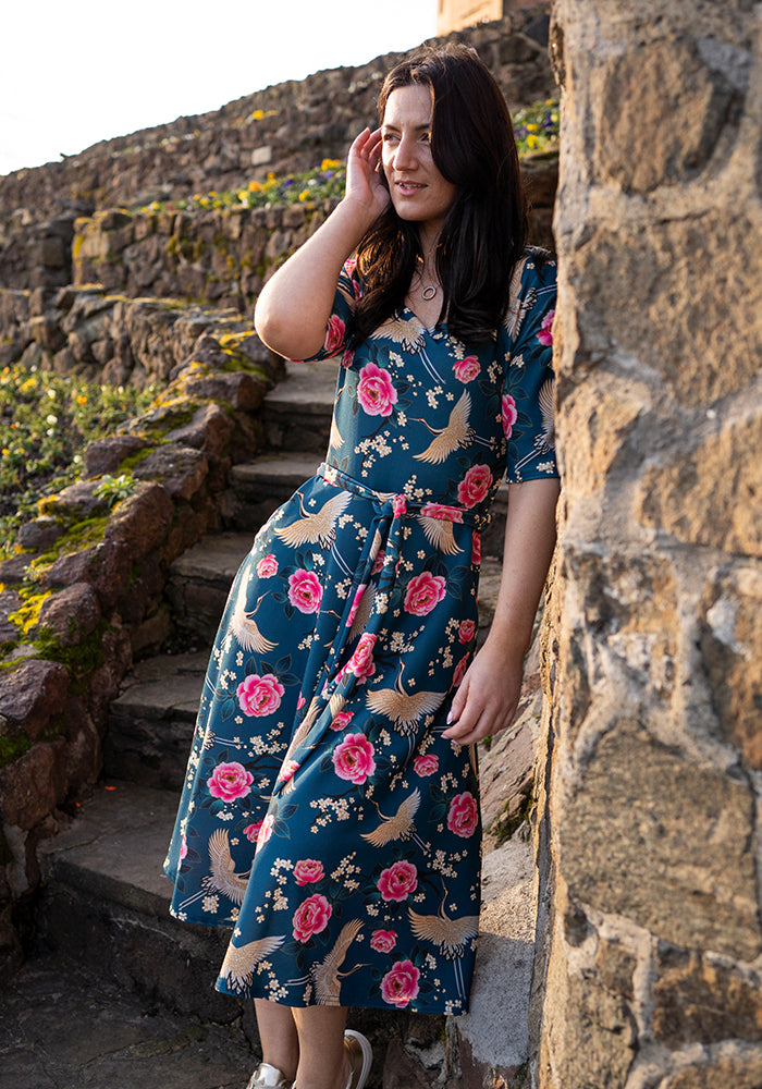 Tenth angle of Rosemarie Floral Crane Print Swing Dress