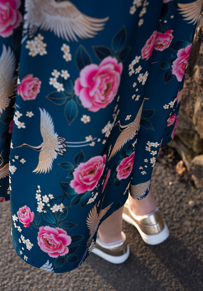 Seventh angle of Rosemarie Floral Crane Print Swing Dress