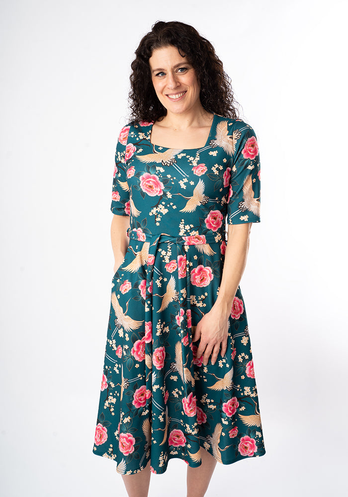 Eleventh angle of Rosemarie Floral Crane Print Swing Dress