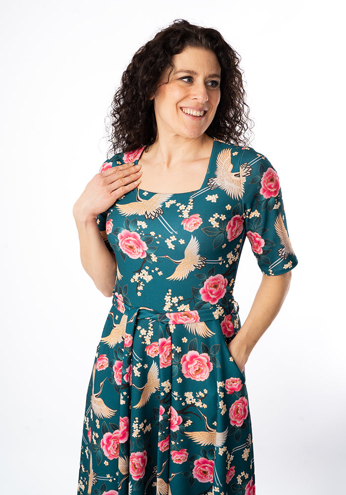 Ninth angle of Rosemarie Floral Crane Print Swing Dress
