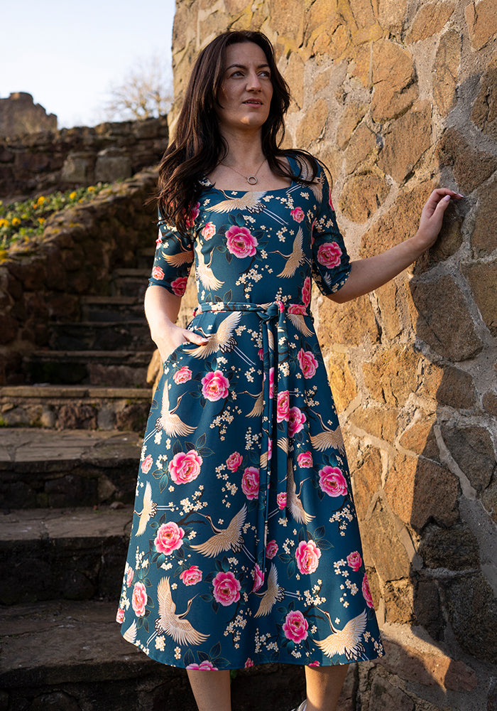 Third angle of Rosemarie Floral Crane Print Swing Dress