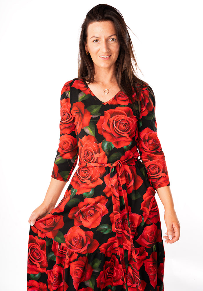 Sixth angle of Rosine Red Rose Print Cotton Midaxi Dress