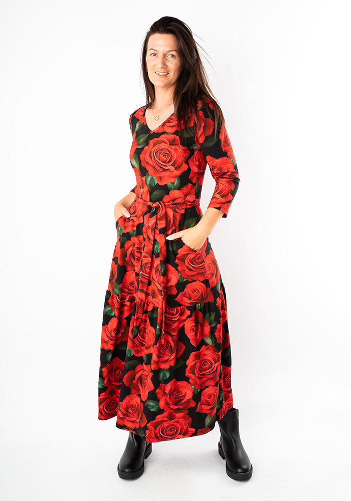 Second angle of Rosine Red Rose Print Cotton Midaxi Dress