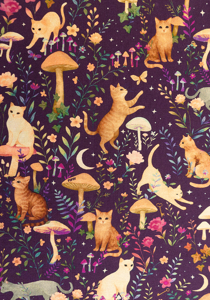 Rosaphine Plum Mystical Cat Print Cotton Midi Dress