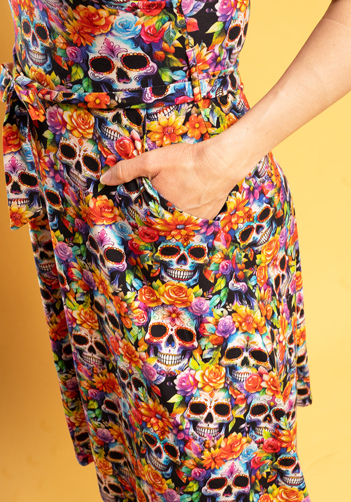 Rowyn Rainbow Floral Skull Print Cotton Dress