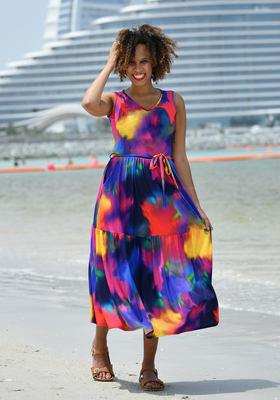 Roxana Rainbow Ink Print Tiered Hem Midaxi Dress