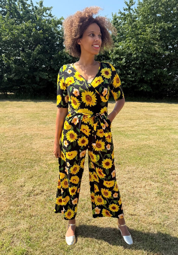 Roxie Black Sunflower Print Cotton Culotte Jumpsuit
