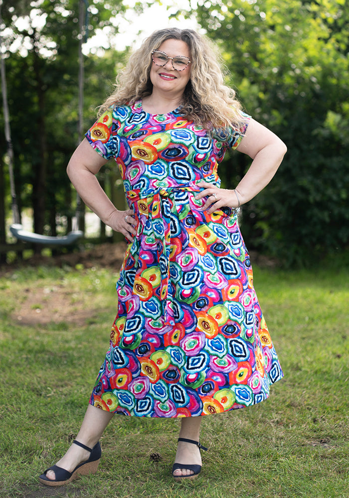 Front view of Ruelle Bright Watercoloured Geode Print Cotton Midi Dress