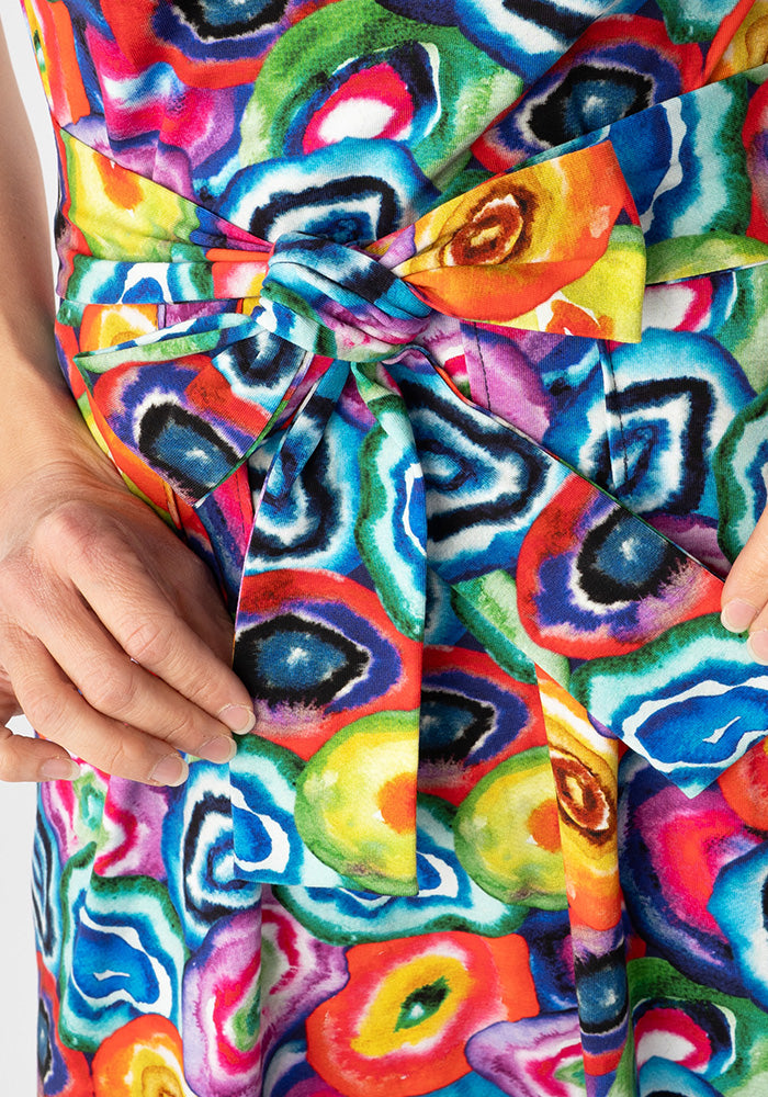 Third angle of Ruelle Bright Watercoloured Geode Print Cotton Midi Dress
