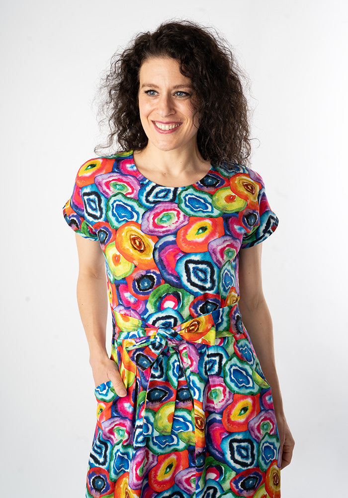 Eighth angle of Ruelle Bright Watercoloured Geode Print Cotton Midi Dress
