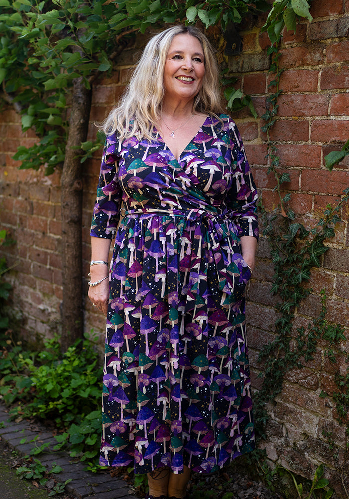 Runa Purple Mushroom Print Cotton Midi Dress