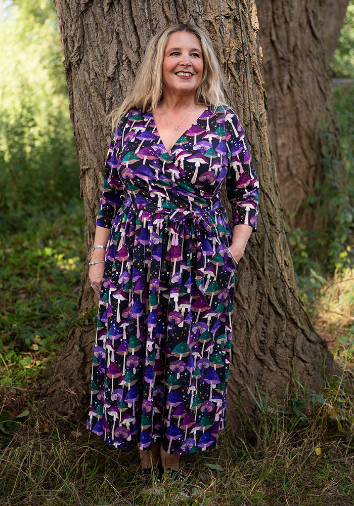 Front view of Runa Purple Mushroom Print Cotton Midi Dress