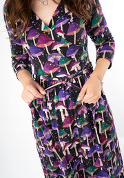 Runa Purple Mushroom Print Cotton Midi Dress