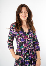 Runa Purple Mushroom Print Cotton Midi Dress