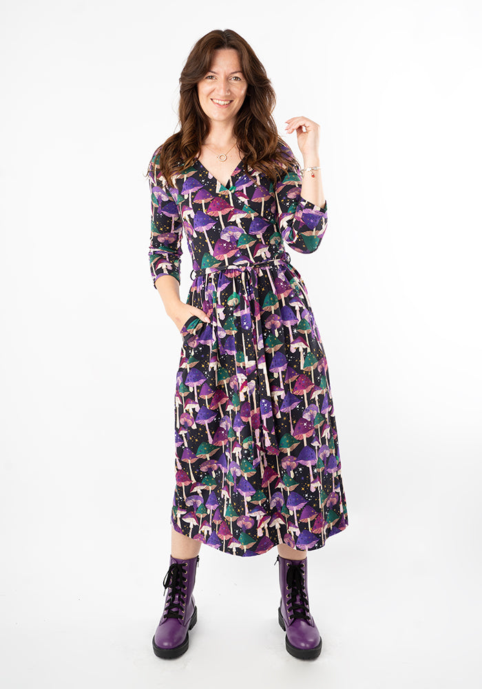 Third angle of Runa Purple Mushroom Print Cotton Midi Dress