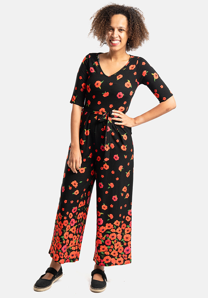 Russo Poppy Border Print Cotton Culotte Leg Jumpsuit