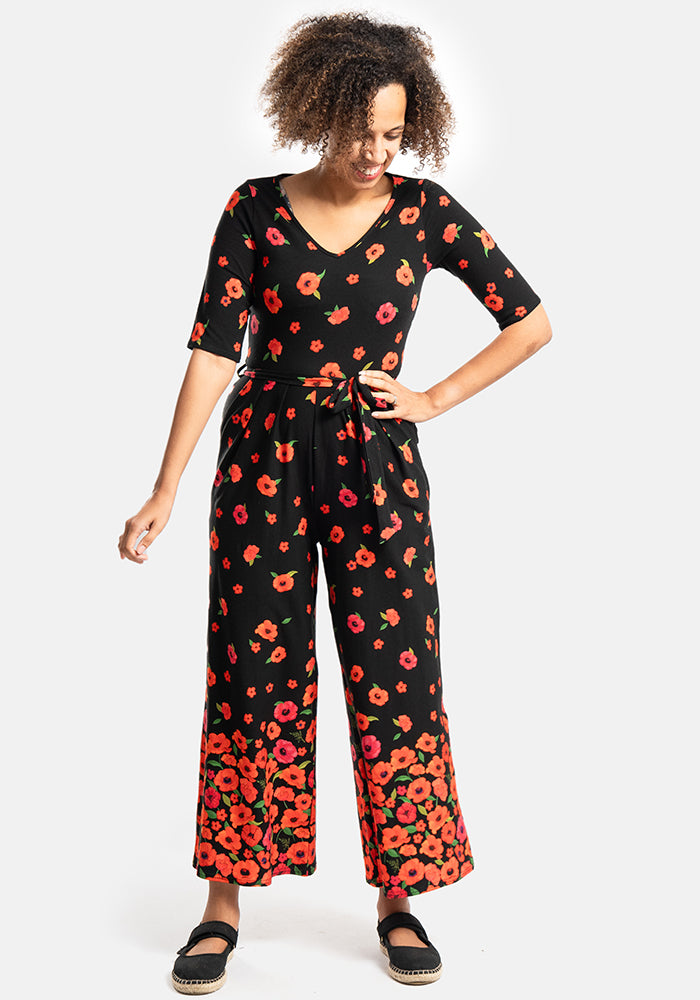 Front view of Russo Poppy Border Print Cotton Culotte Leg Jumpsuit