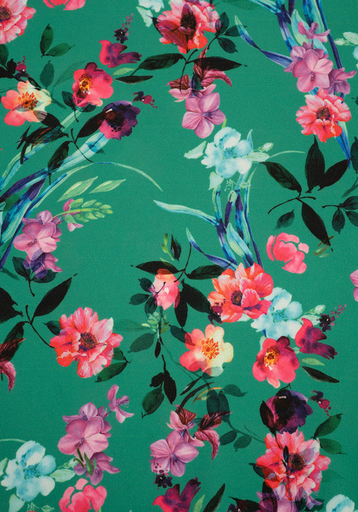 Second angle of Tillie Teal Floral Print Scuba Crepe Vintage Swing Dress