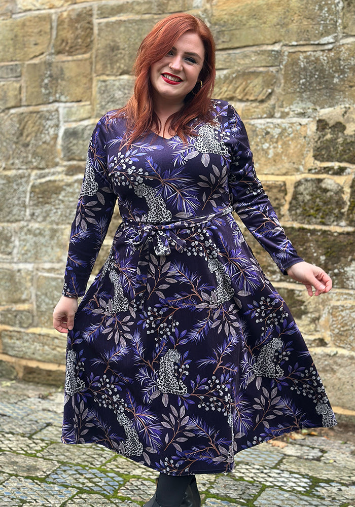 Allana Purple Snow Leopard Print Midi Dress