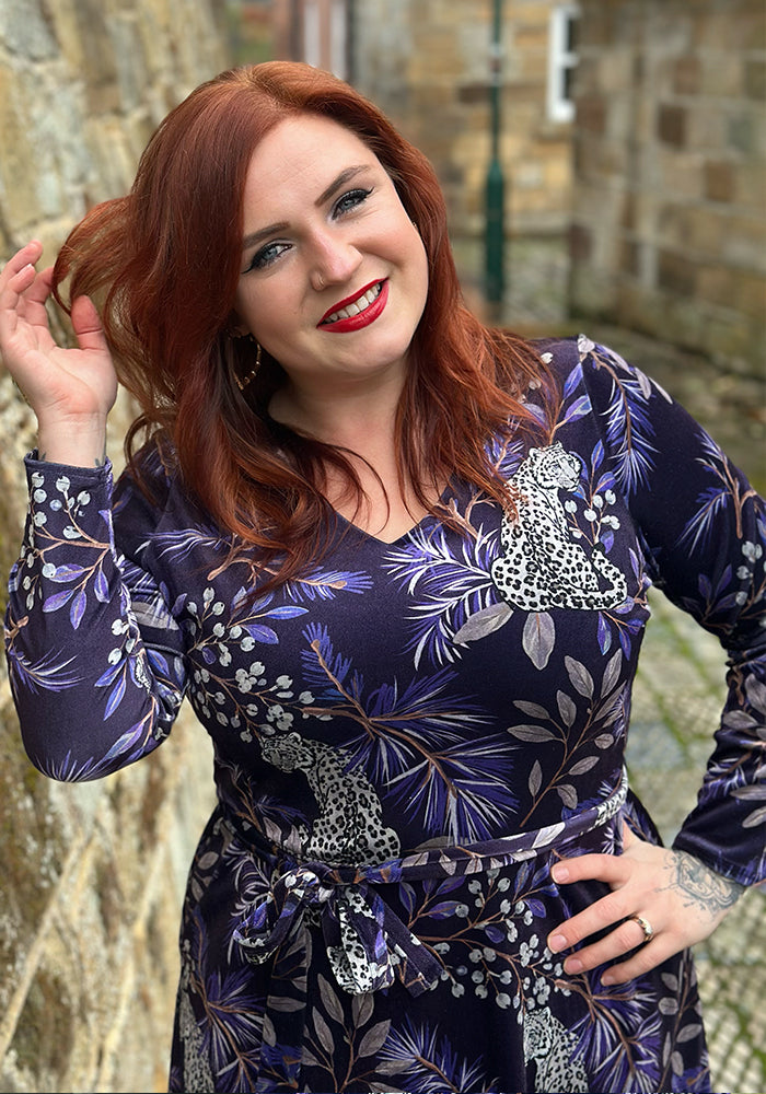 Allana Purple Snow Leopard Print Midi Dress