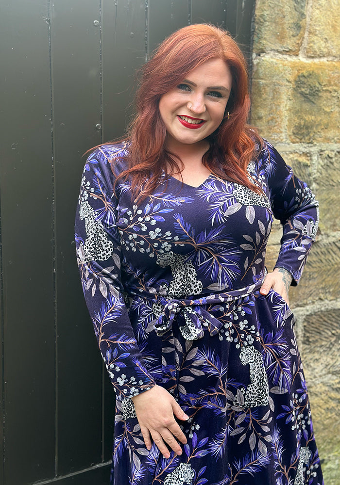 Allana Purple Snow Leopard Print Midi Dress