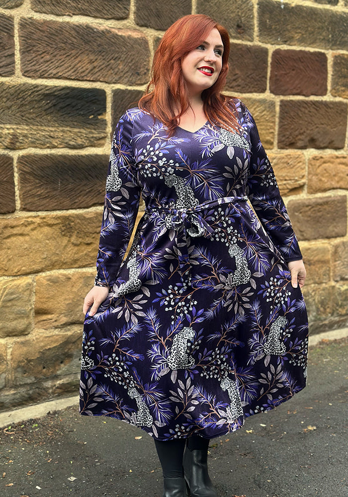 Allana Purple Snow Leopard Print Midi Dress