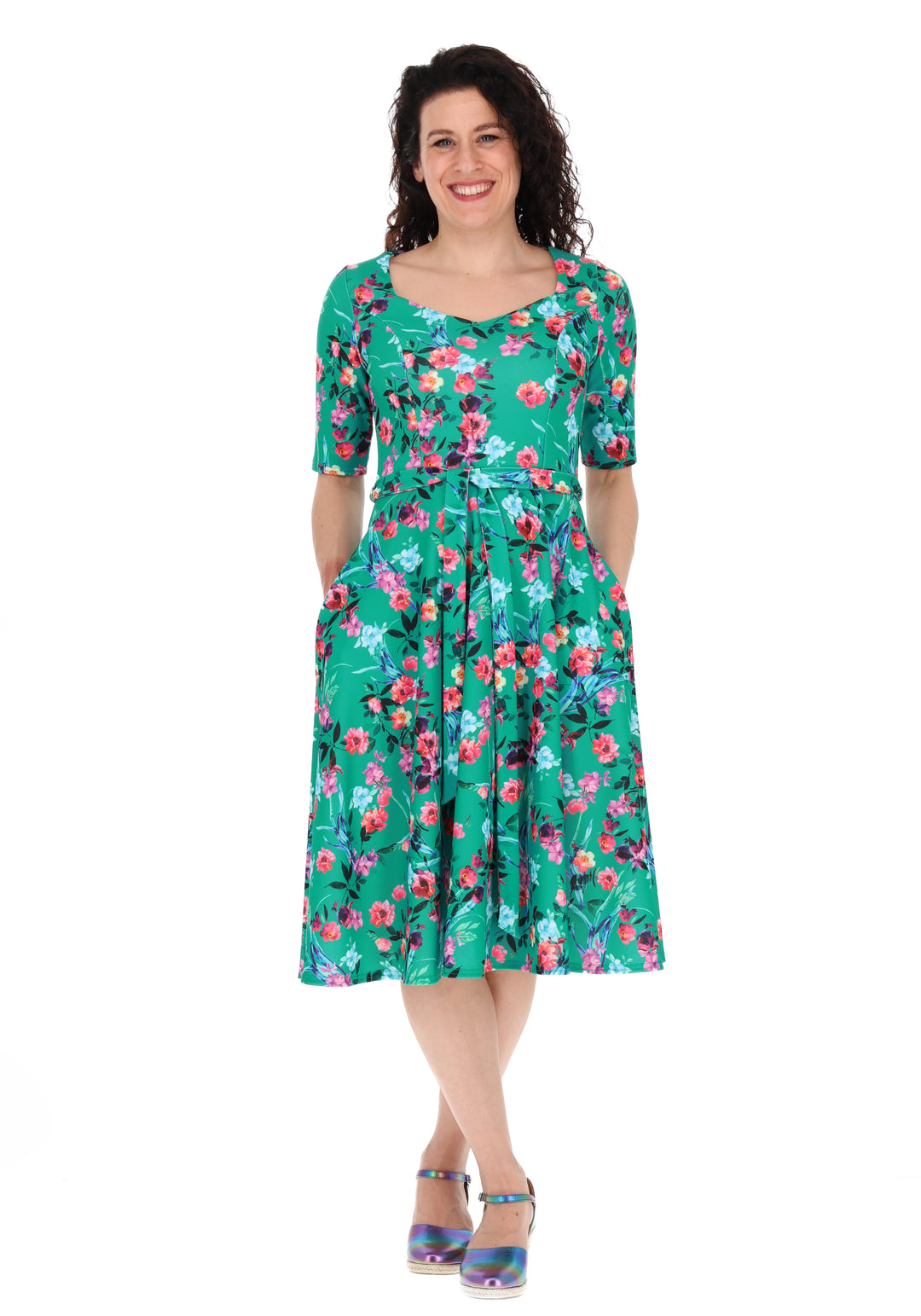 Ninth angle of Tillie Teal Floral Print Scuba Crepe Vintage Swing Dress