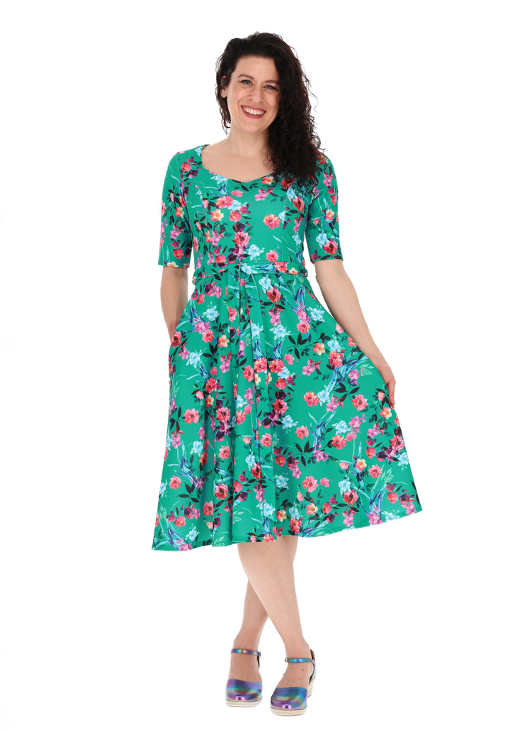 Third angle of Tillie Teal Floral Print Scuba Crepe Vintage Swing Dress