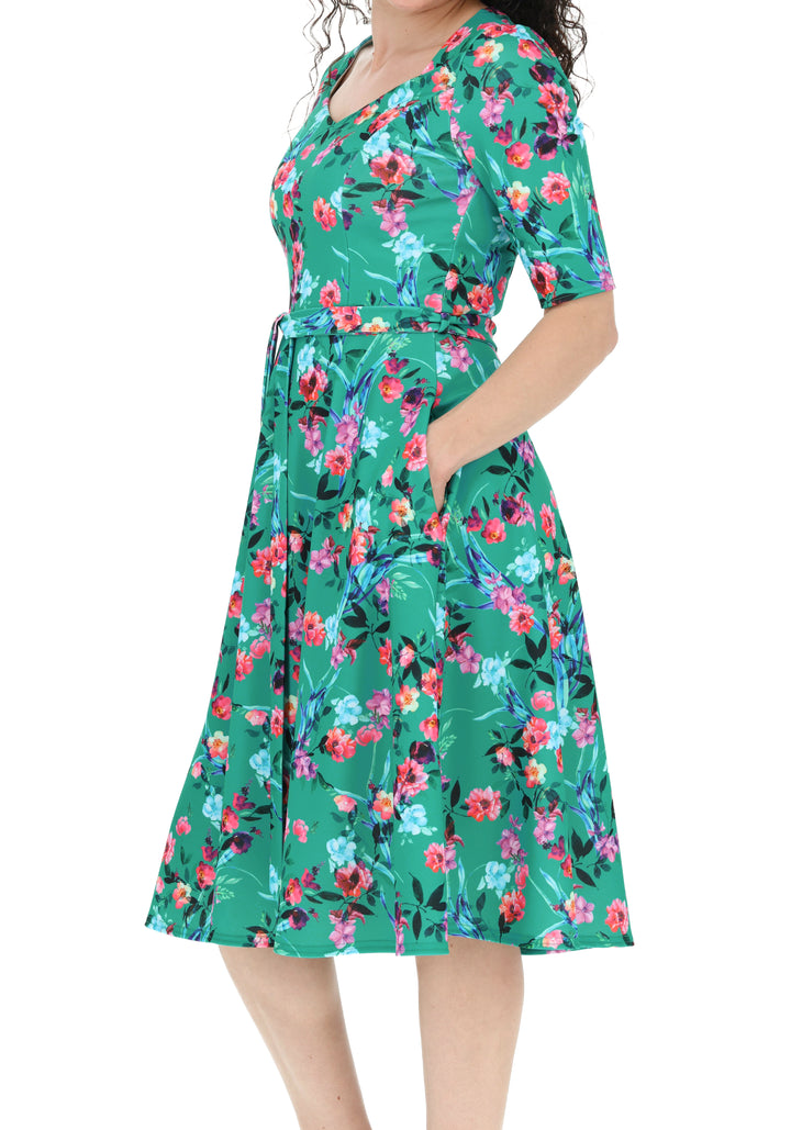 Sixth angle of Tillie Teal Floral Print Scuba Crepe Vintage Swing Dress