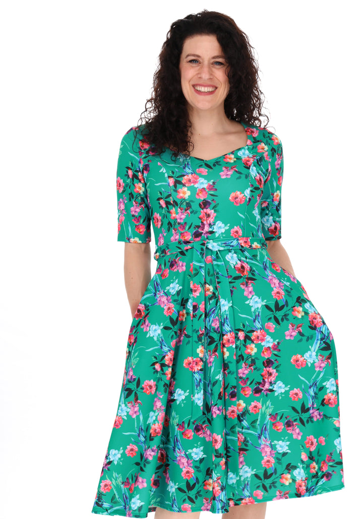 Eighth angle of Tillie Teal Floral Print Scuba Crepe Vintage Swing Dress
