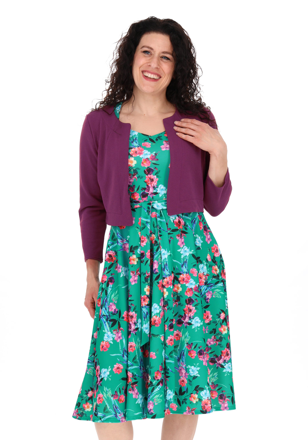 Eleventh angle of Tillie Teal Floral Print Scuba Crepe Vintage Swing Dress