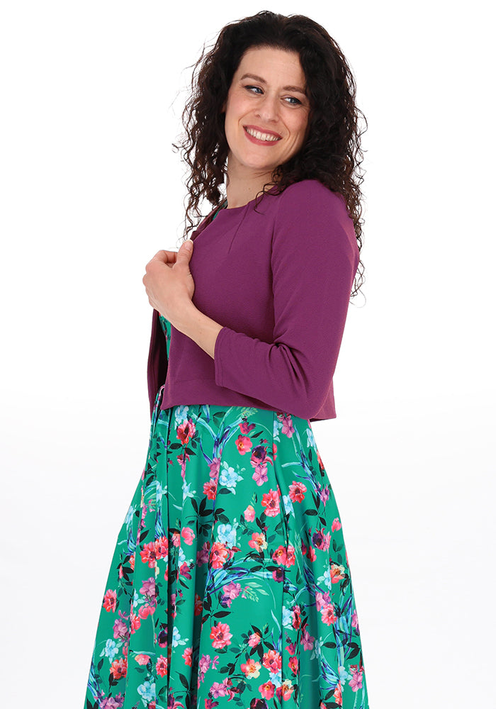Seventh angle of Tillie Teal Floral Print Scuba Crepe Vintage Swing Dress