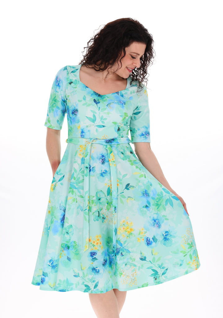 Front view of Tillie Blue Floral Print Scuba Crepe Vintage Swing Dress