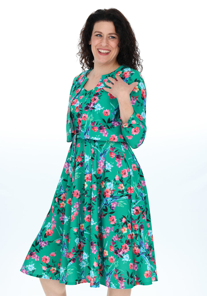 Fifth angle of Rylah Teal Floral Scuba Crepe Bolero Jacket, a bold floral print bolero on our scuba crepe fabric.
