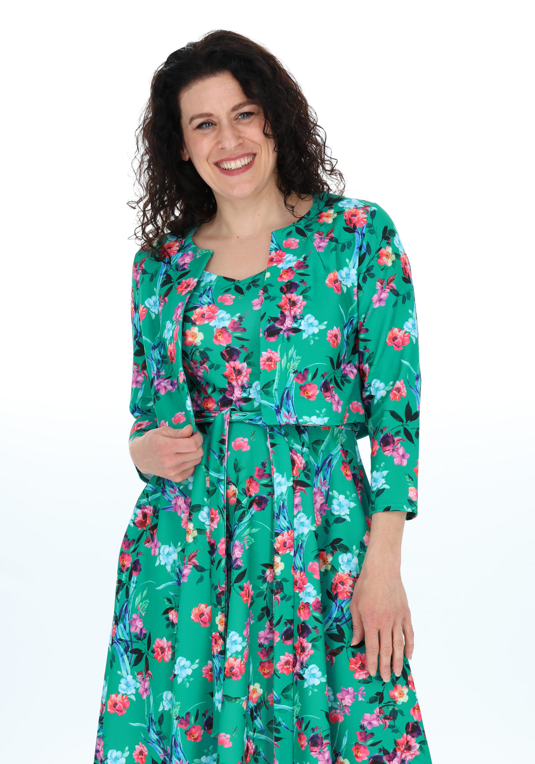 Third angle of Rylah Teal Floral Scuba Crepe Bolero Jacket, a bold floral print bolero on our scuba crepe fabric.