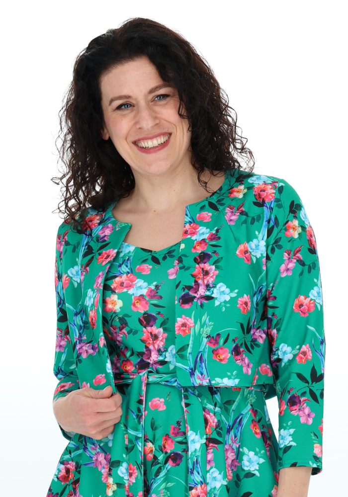 Front view of Rylah Teal Floral Scuba Crepe Bolero Jacket, a bold floral print bolero on our scuba crepe fabric.