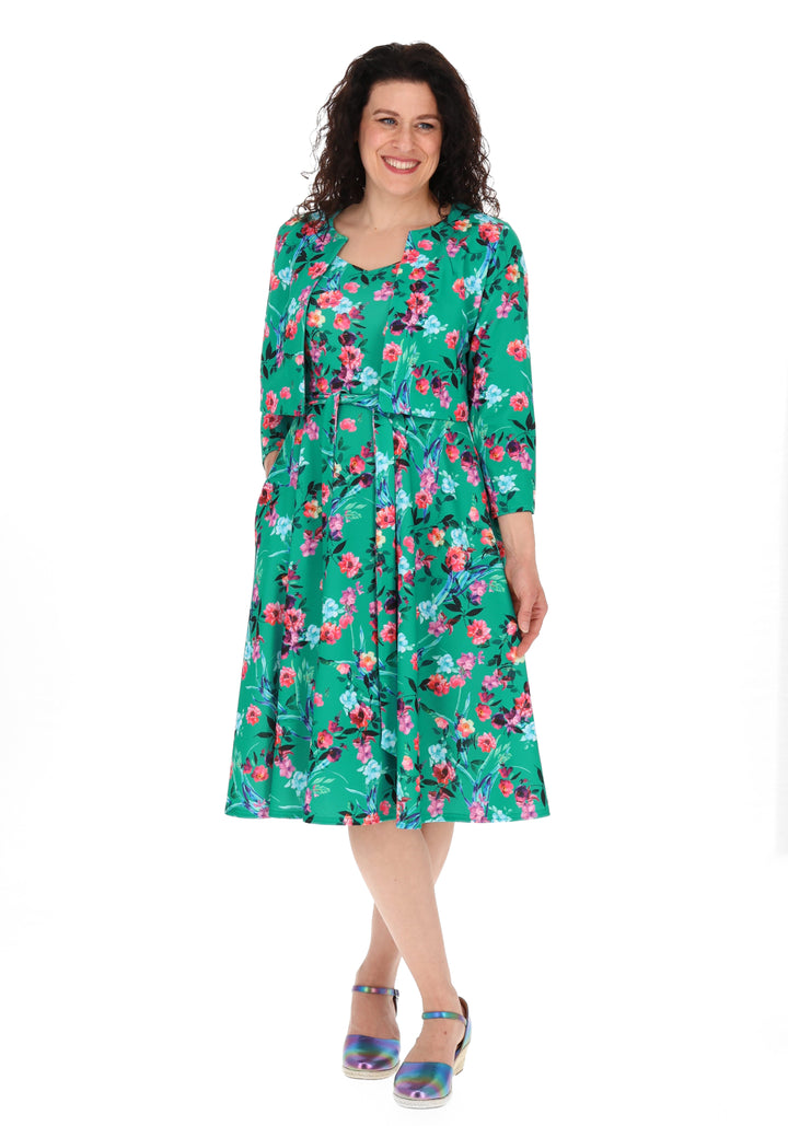 Sixth angle of Rylah Teal Floral Scuba Crepe Bolero Jacket, a bold floral print bolero on our scuba crepe fabric.