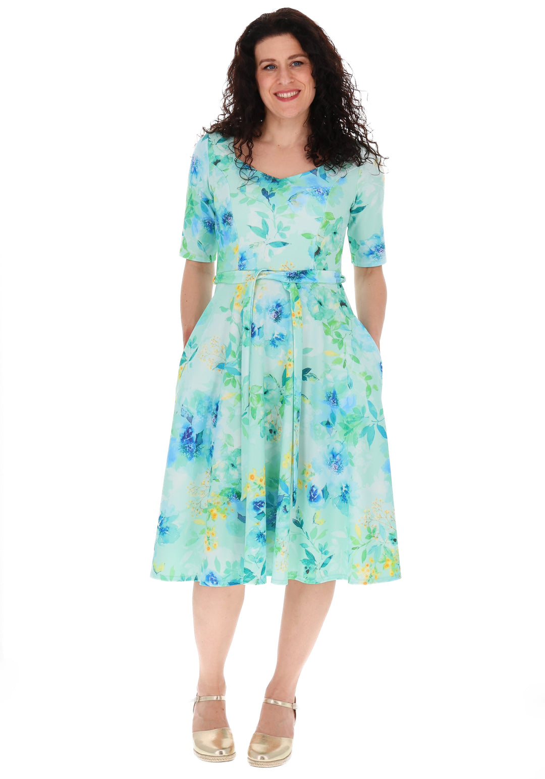 Fourth angle of Tillie Blue Floral Print Scuba Crepe Vintage Swing Dress