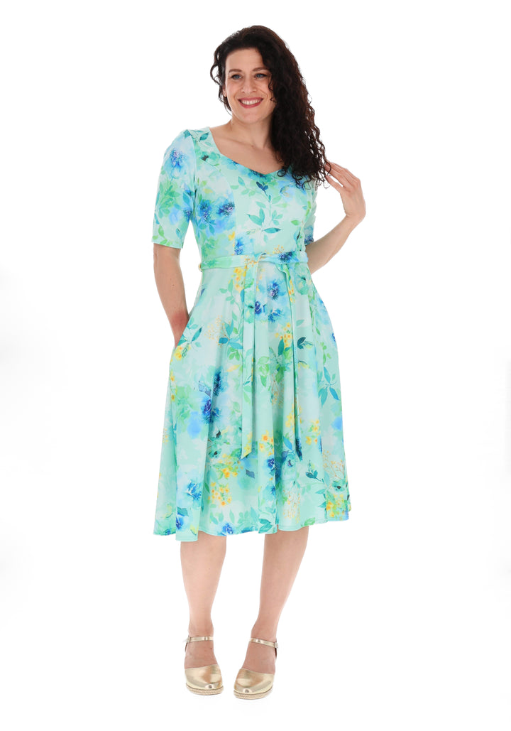 Third angle of Tillie Blue Floral Print Scuba Crepe Vintage Swing Dress