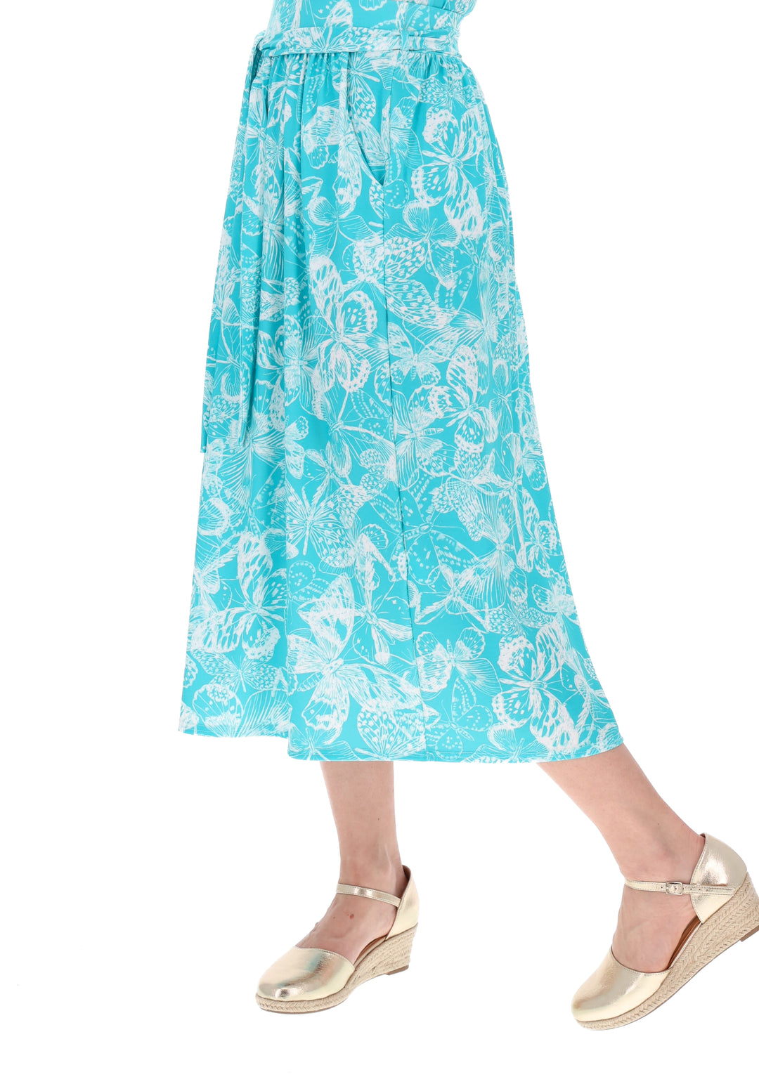Third angle of Yira White Butterfly Stencil Print Midi Length Jersey Skirt