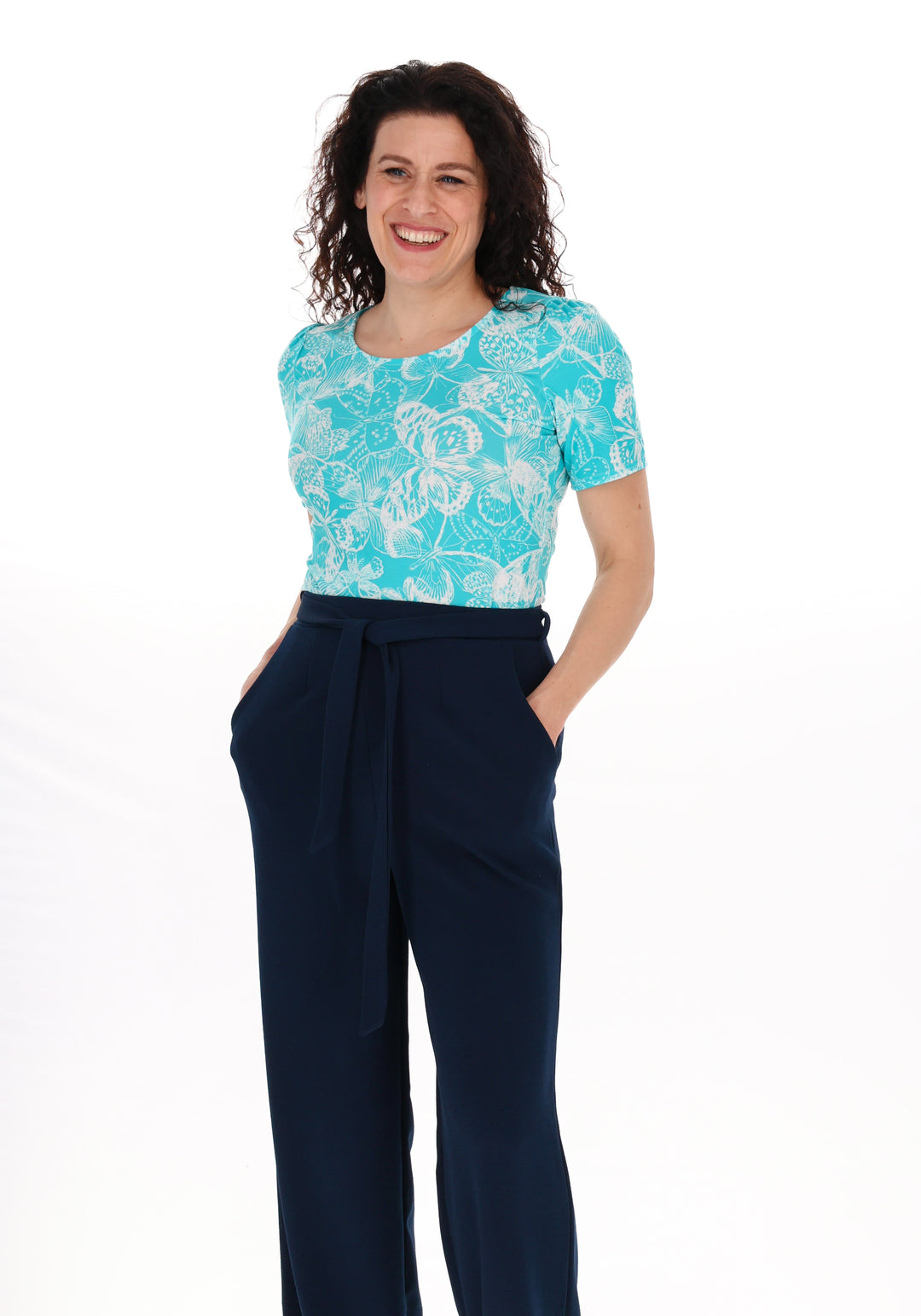 Front view of Felice White Butterfly Stencil Print Jersey Top (Turquoise)