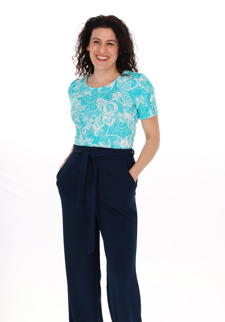 Front view of Felice White Butterfly Stencil Print Jersey Top (Turquoise)