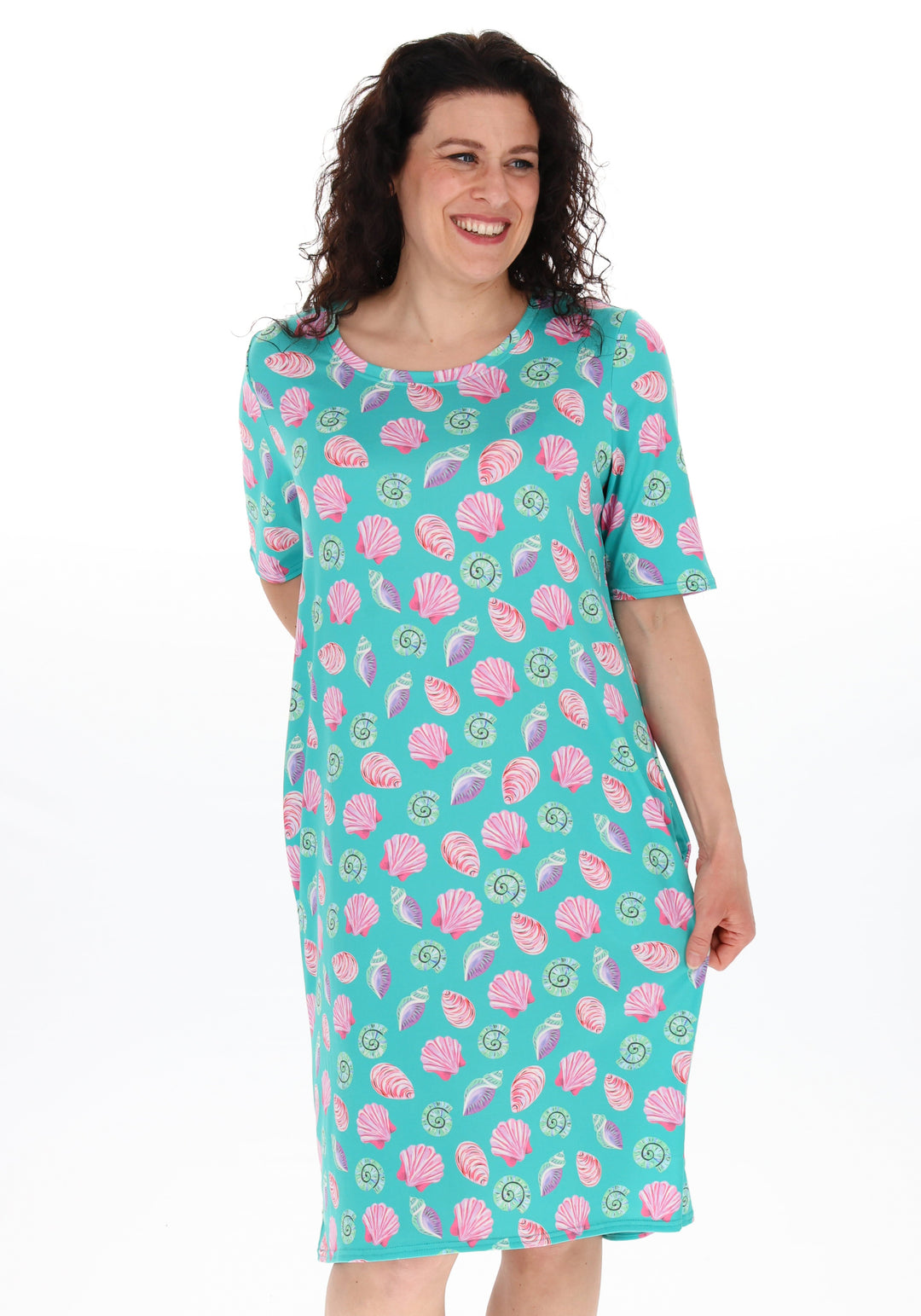 Third angle of Carina Shell Print Night Shirt, a coastal shell pattern night shirt from Popsy Clothing.