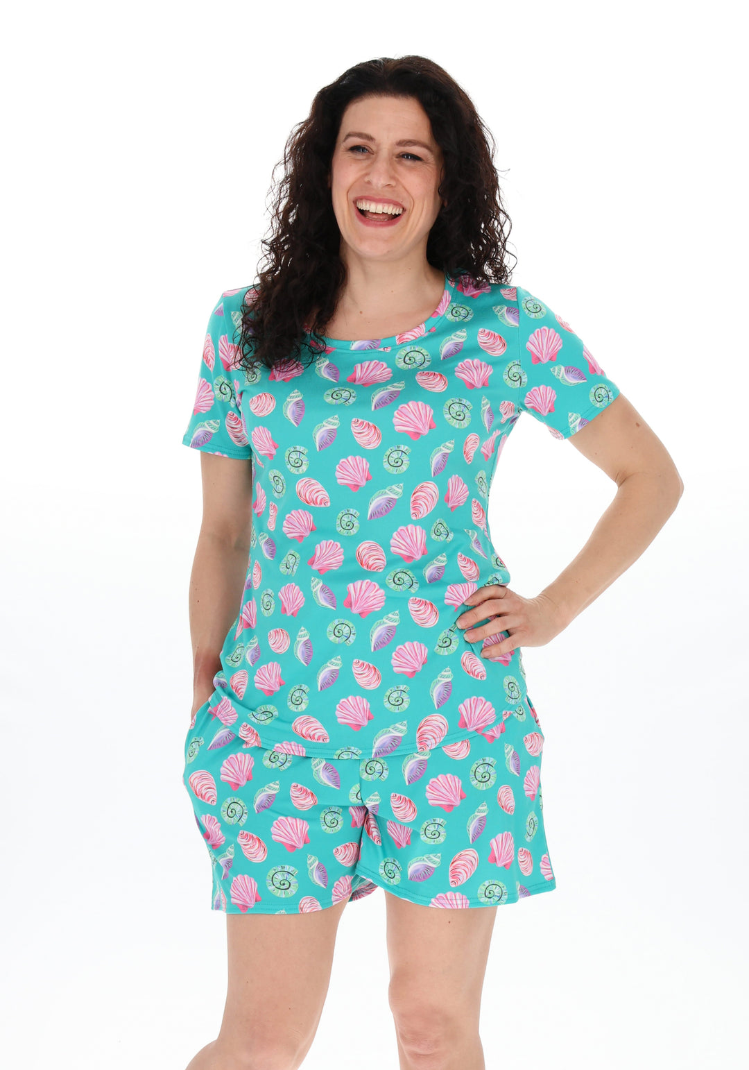 Third angle of Chrissy Shell Print Short Pyjama Set, chrissy pyjama set with top and shorts from Popsy Clothing.