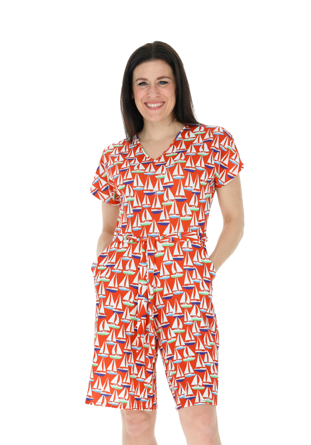 Third angle of Shore Red Sailboats Print Jersey Playsuit